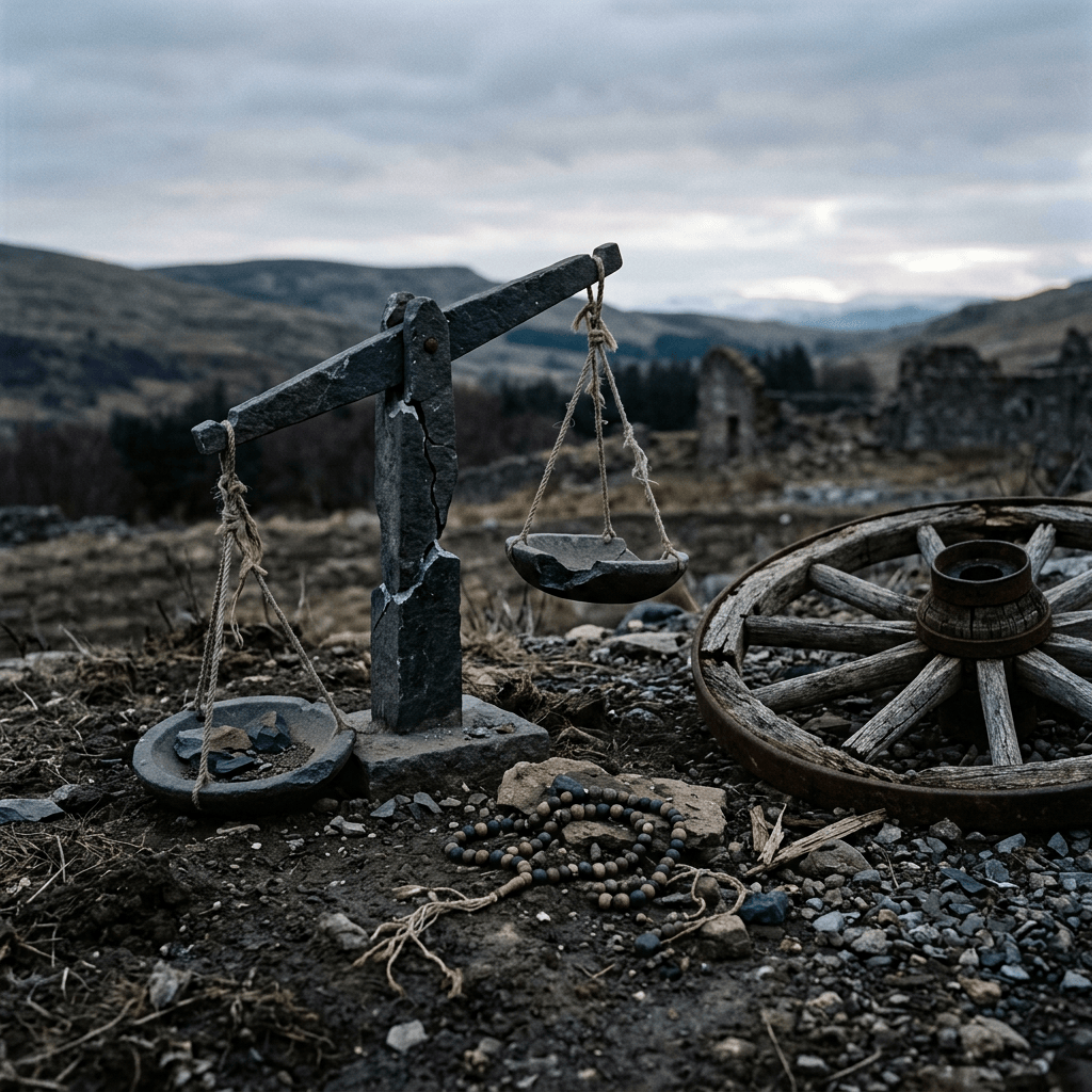 Weathered balance scale beside a broken wagon wheel in mountain ruins