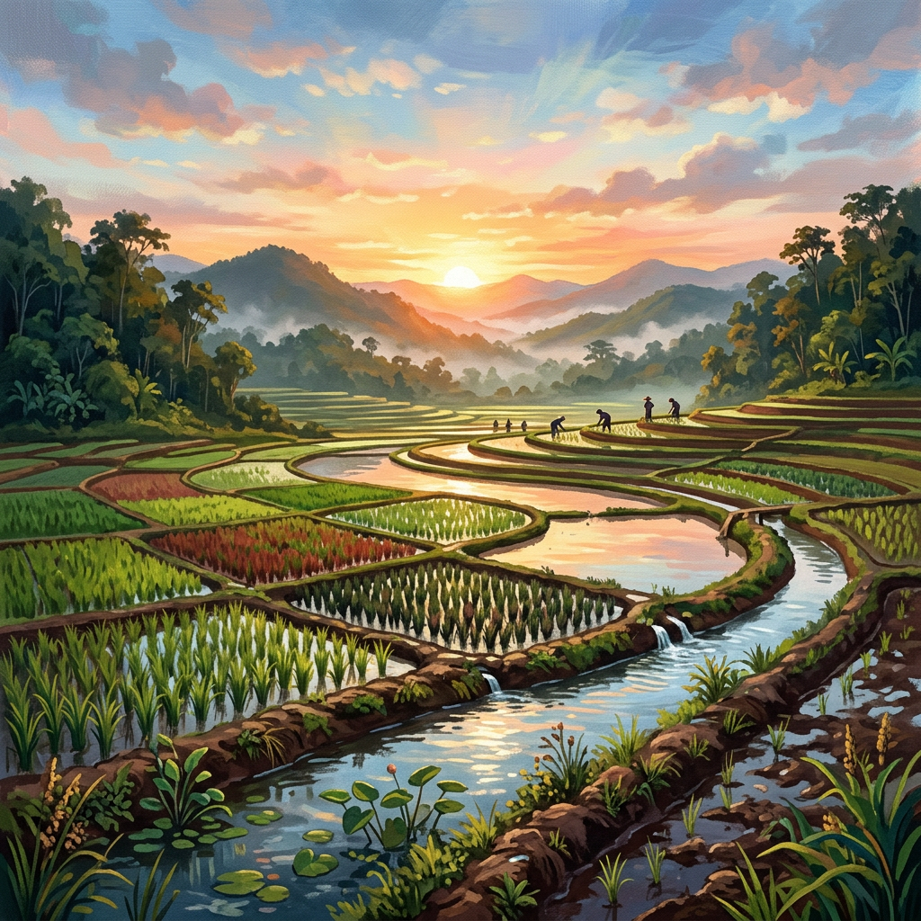 Terraced rice fields with farmers, waterways, and mountains at sunset