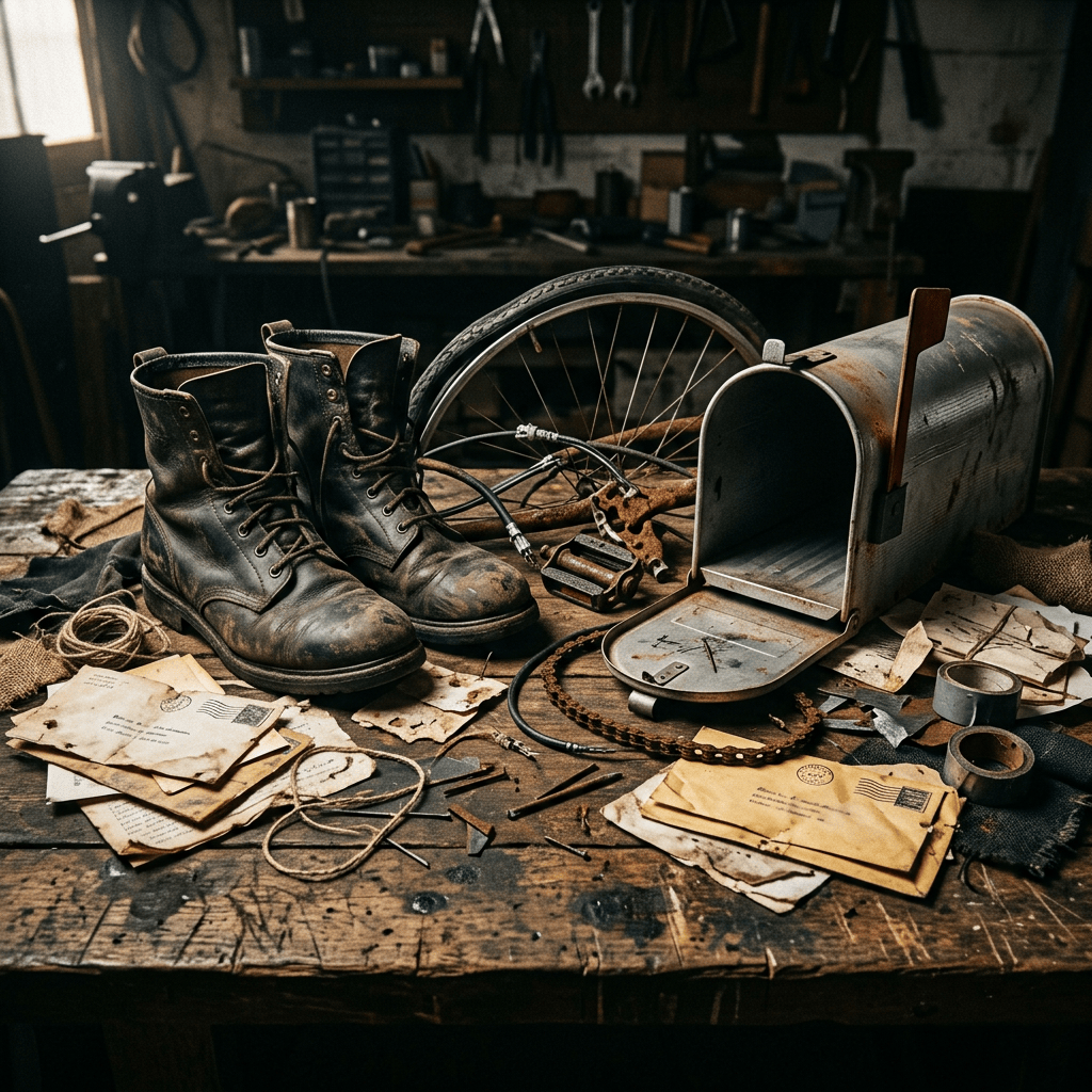 Worn boots, bicycle wheel, mailbox, tools, and old envelopes on a workshop table