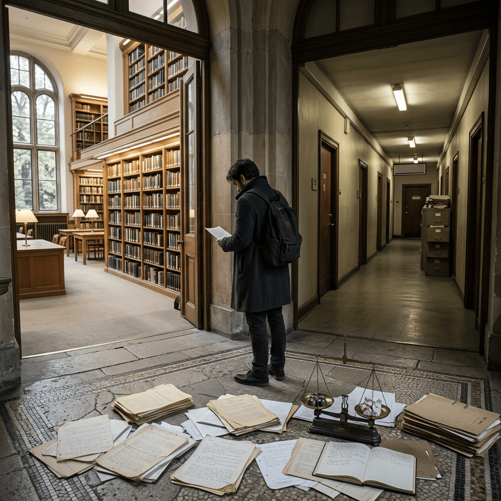Researcher holding papers between a library and archival hallway