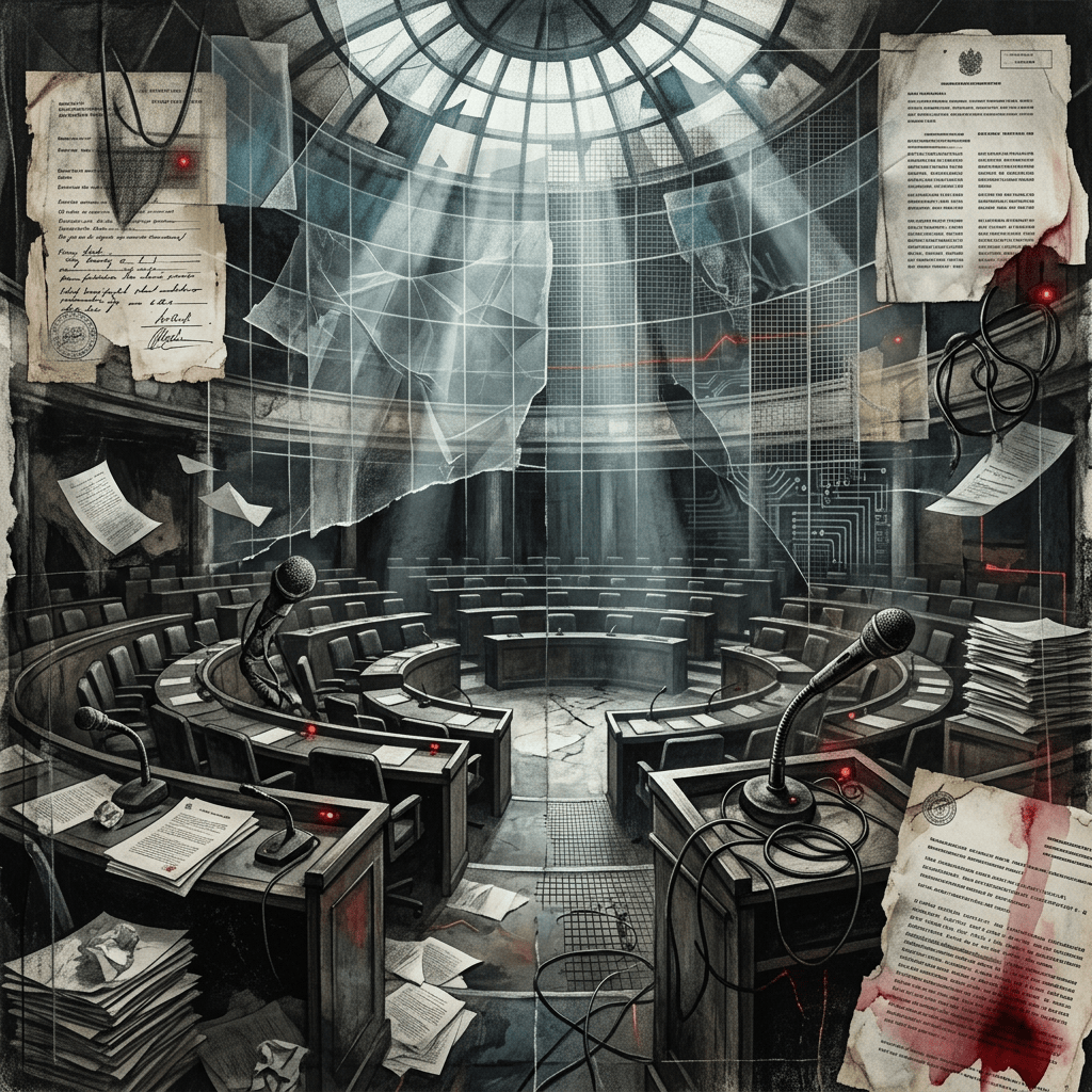Empty parliamentary chamber with microphones, documents, cables, and red warning lights
