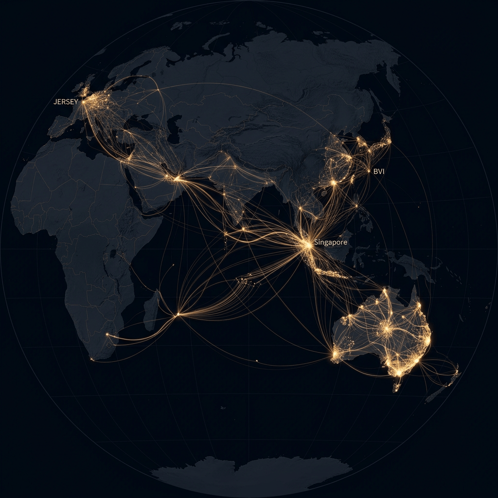 Dark world map showing glowing financial routes linking Jersey, BVI, Singapore, and Australia