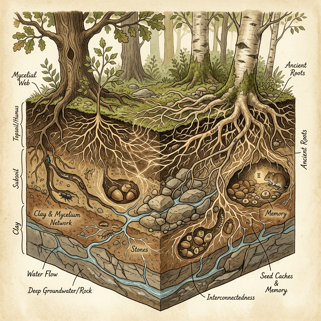 Illustrated forest cross-section labeled Mycelial Web, Ancient Roots, Topsoil/Humus, Subsoil, Clay, Clay & Mycelium Network, Water Flow, Deep Groundwater/Rock, Stones, Interconnectedness, Memory, and Seed Caches & Memory.