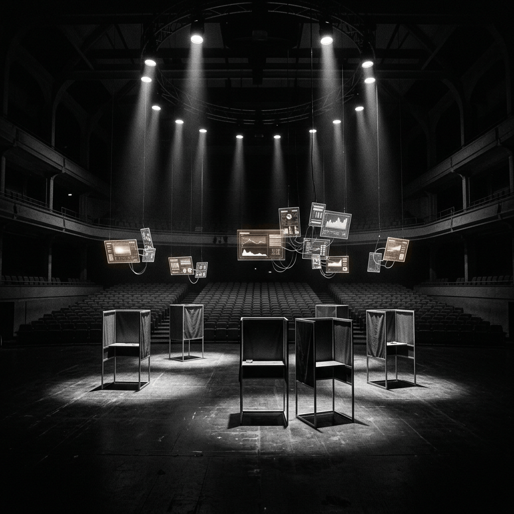 Empty theater stage with data screens suspended above display stands
