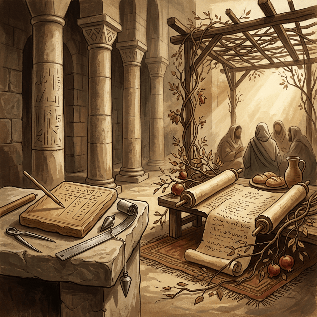 Ancient scriptorium with scrolls, writing tools, columns, and robed scholars