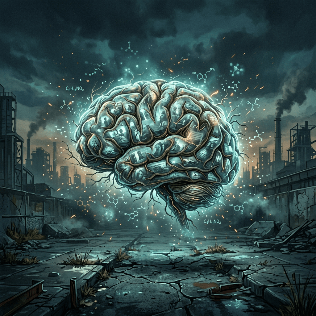 Glowing stylized brain floating above a cracked industrial wasteland with chemical formulas