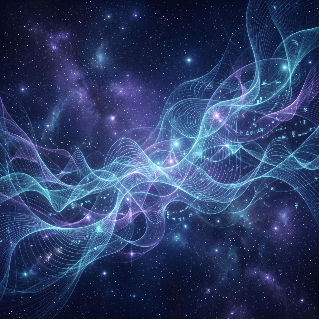 Glowing blue and purple waves flowing across a star-filled cosmic background