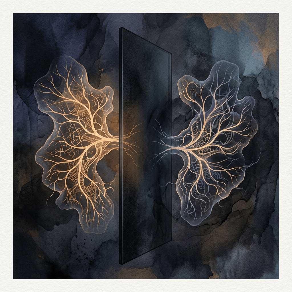 Glowing branching botanical forms surround a dark central portal