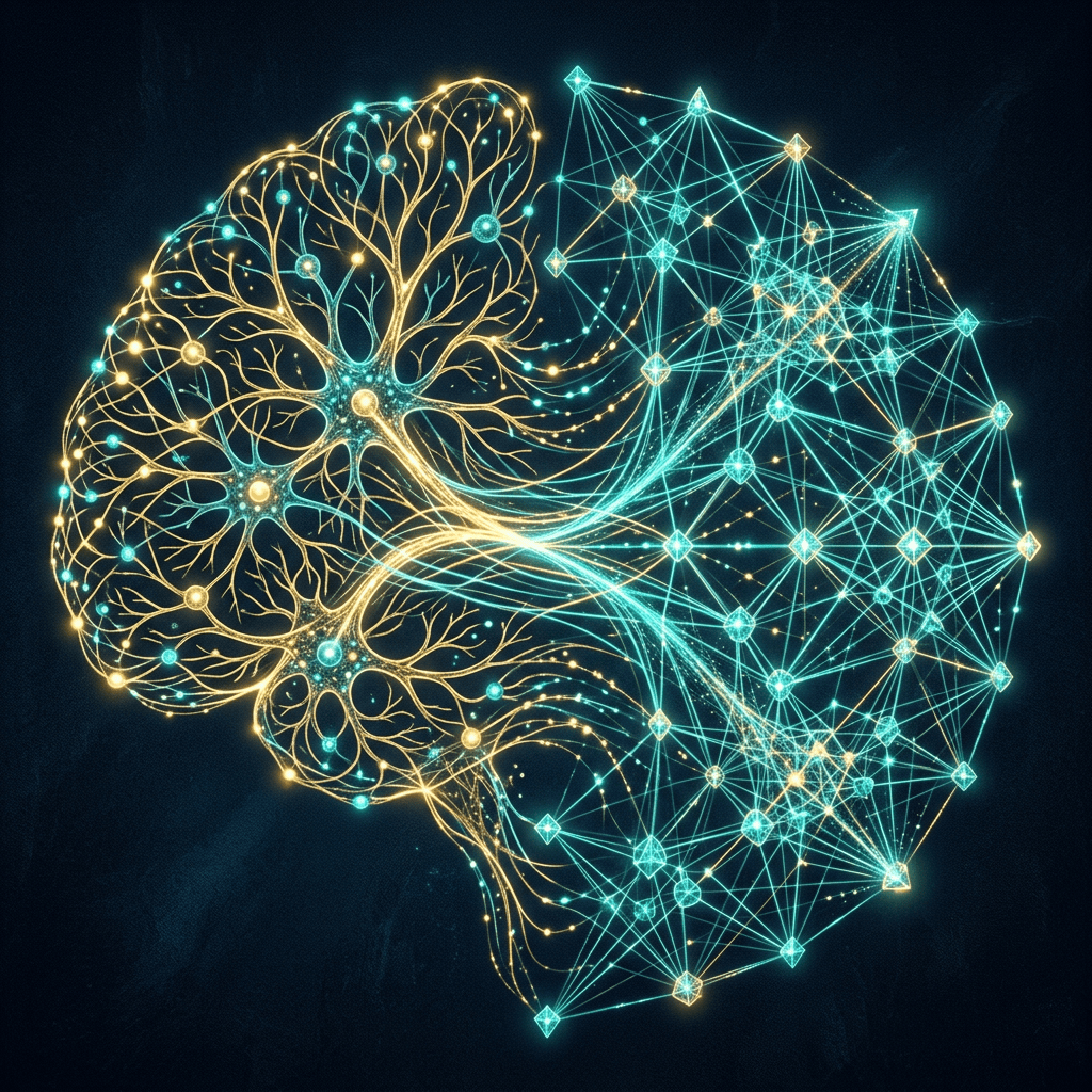 Glowing brain combining branching neurons with a turquoise digital network