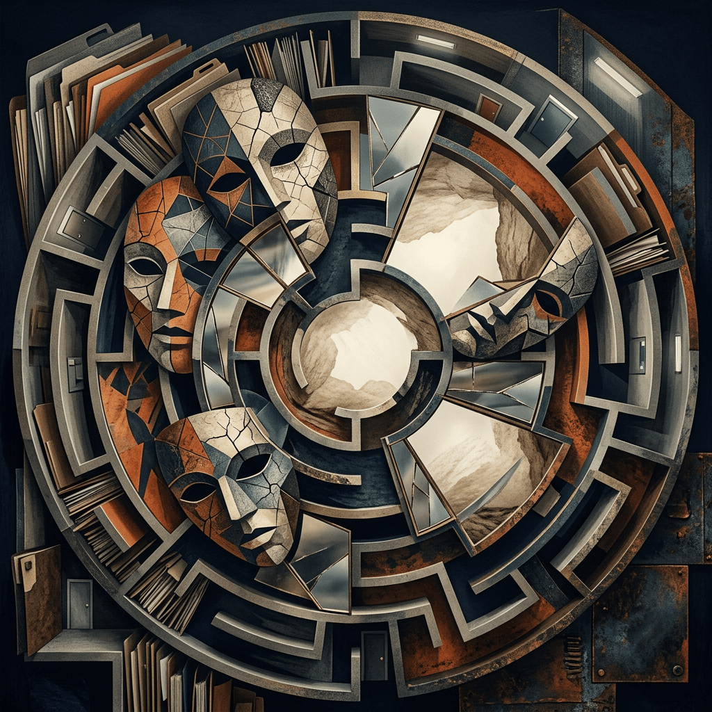 Three fragmented masks arranged within concentric architectural circles