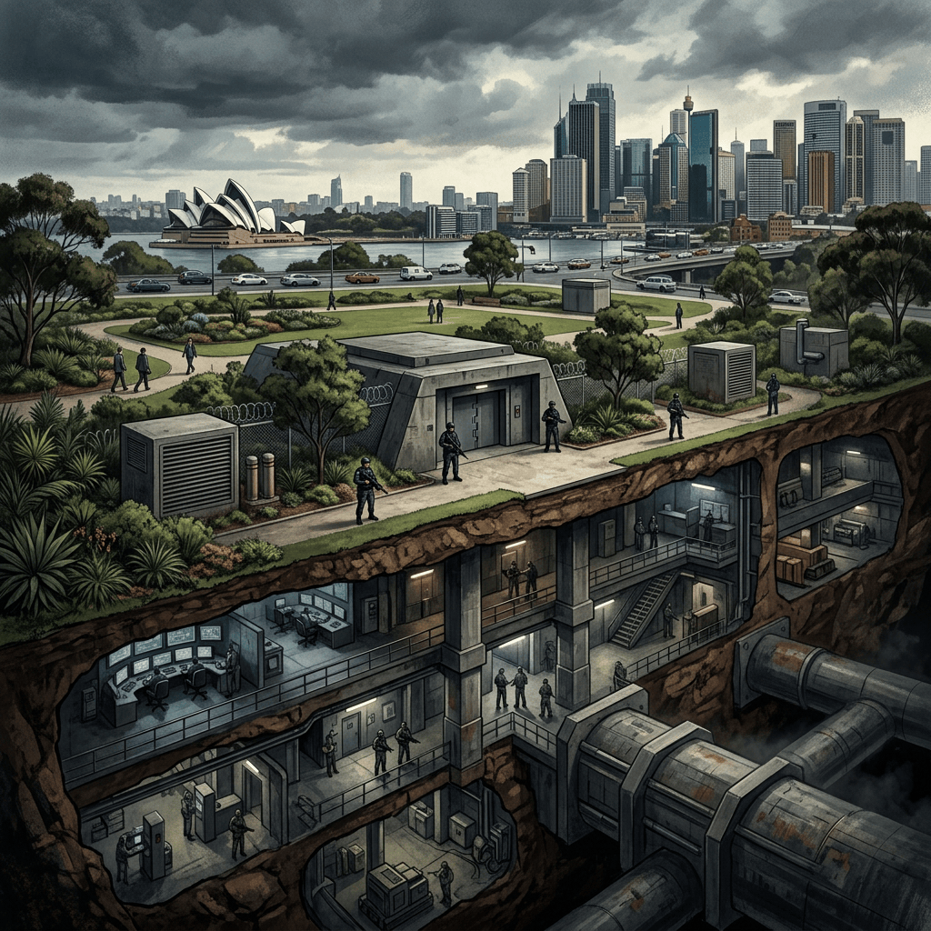 Cutaway view of underground security facility beneath Sydney Opera House and skyline