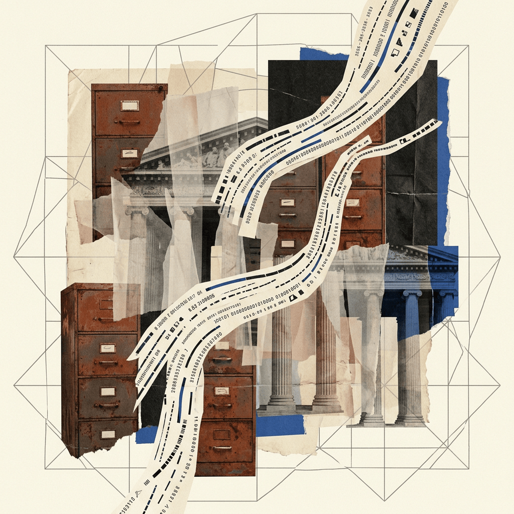 Collage of filing cabinets, classical columns, and flowing binary code