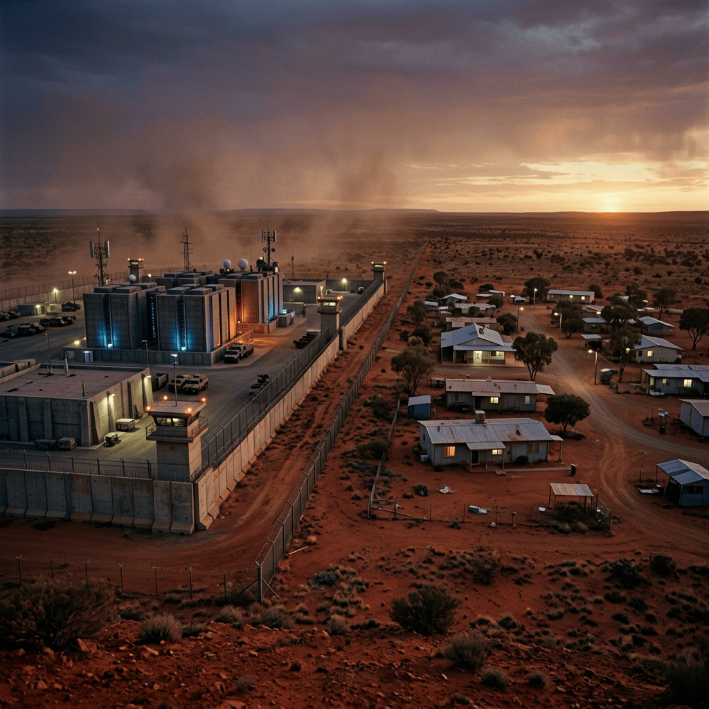 Secure data center beside a remote desert settlement at sunset