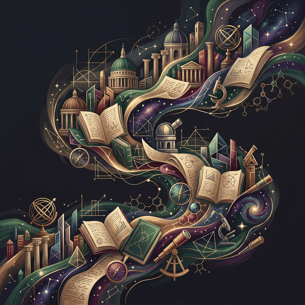 Cosmic collage of books, equations, instruments, architecture, and star patterns