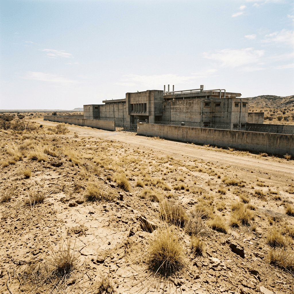 Concrete facility behind fencing in a dry desert landscape
