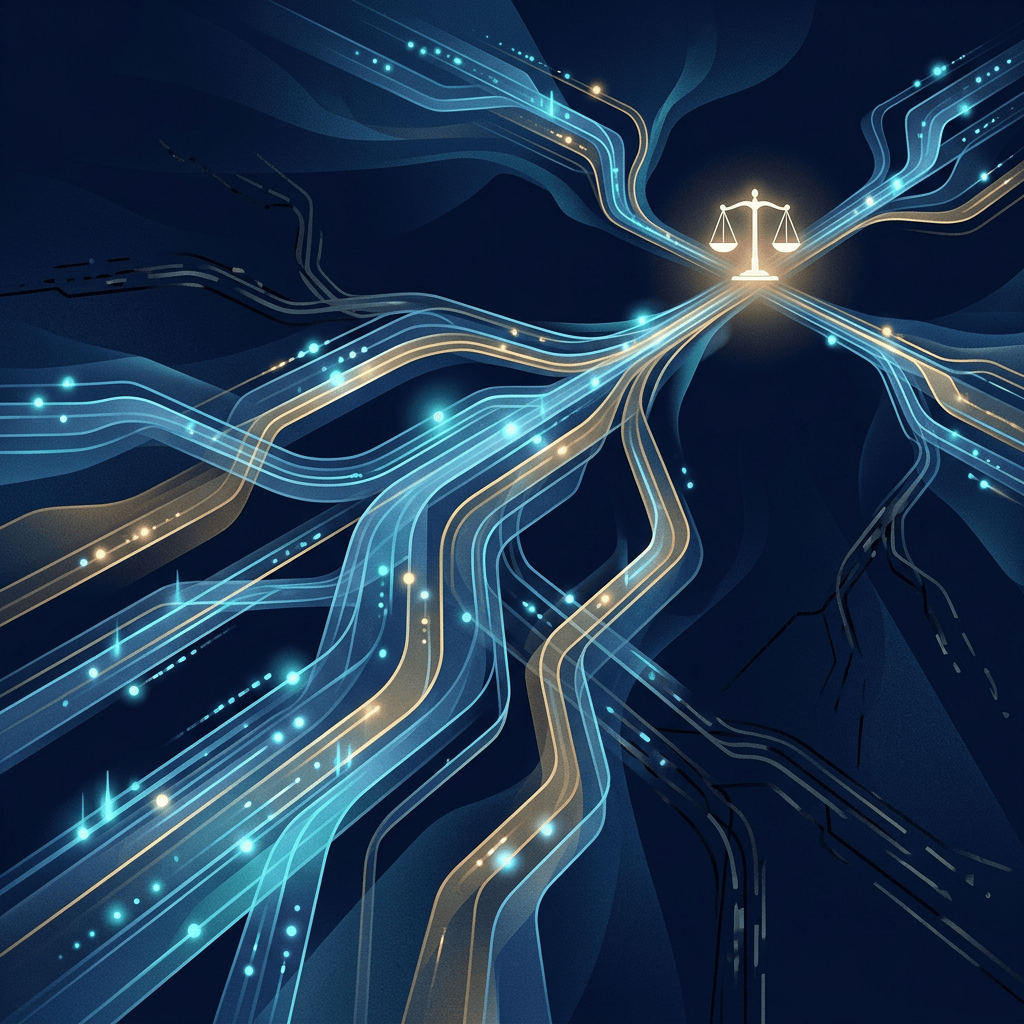 Glowing blue and gold pathways converging around a scales of justice symbol