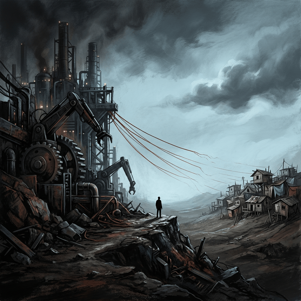 Lone figure overlooking an industrial wasteland and hillside settlement