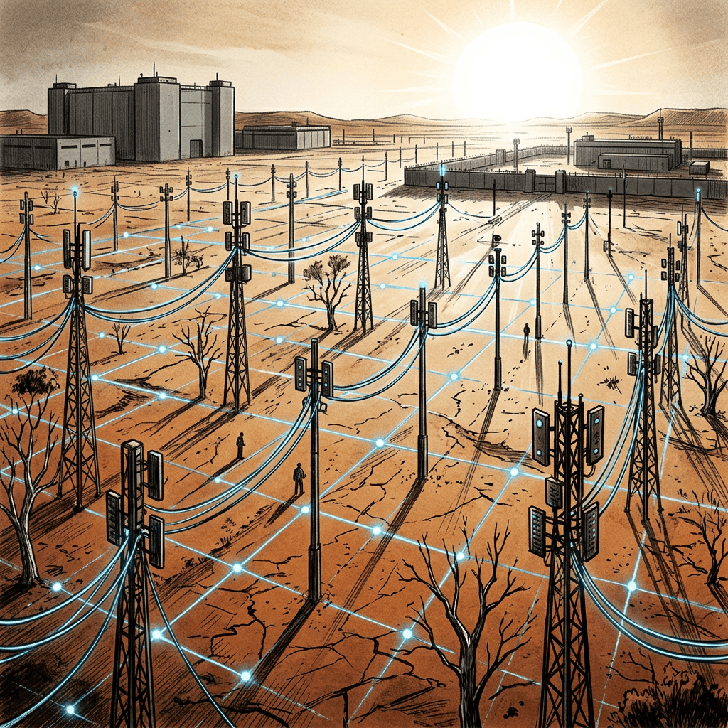 Cellular towers connected by blue lines across a desert near industrial buildings