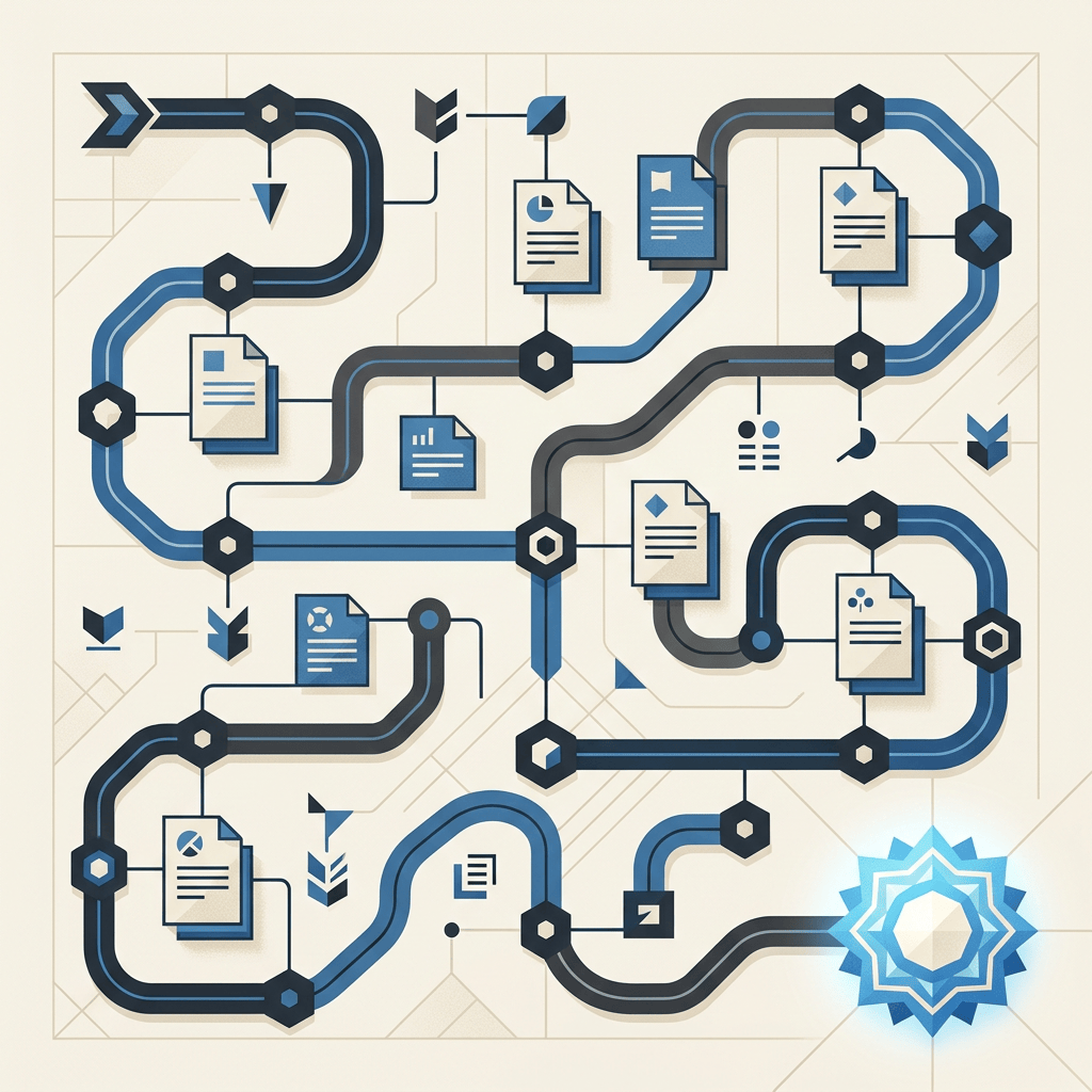 Abstract workflow diagram linking documents, milestones, and branching paths