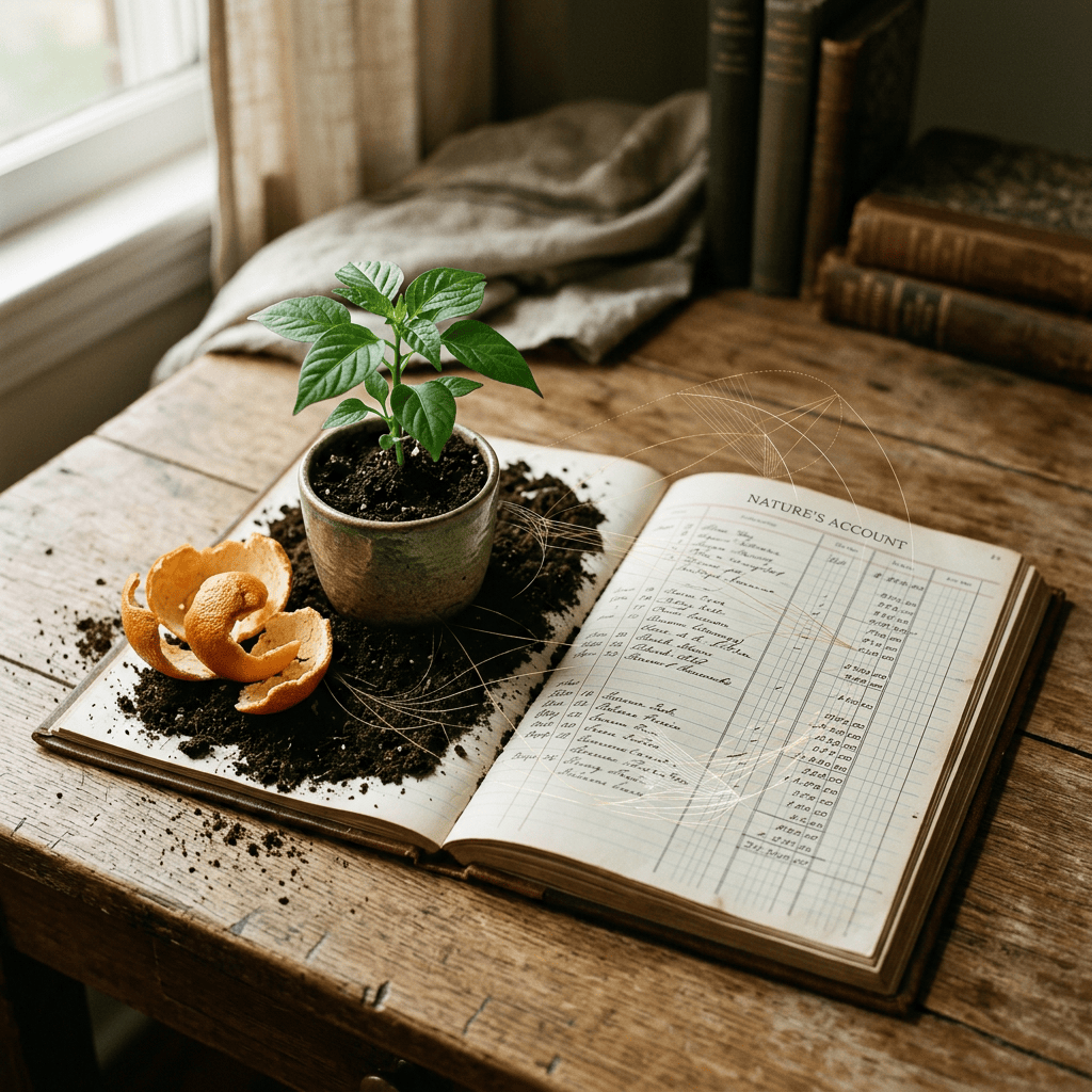 Potted green plant and orange peel on an open handwritten gardening ledger
