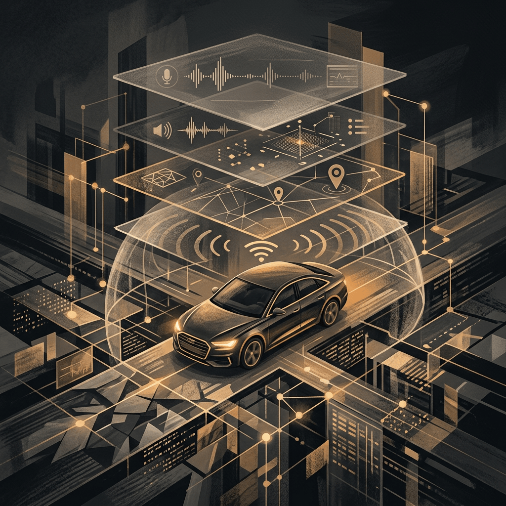 Car surrounded by layered icons for mapping, wireless connectivity, audio, and data networks