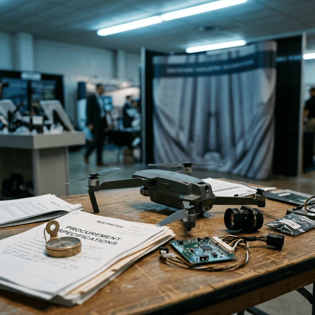 Compact drone beside restricted procurement documents and electronic components