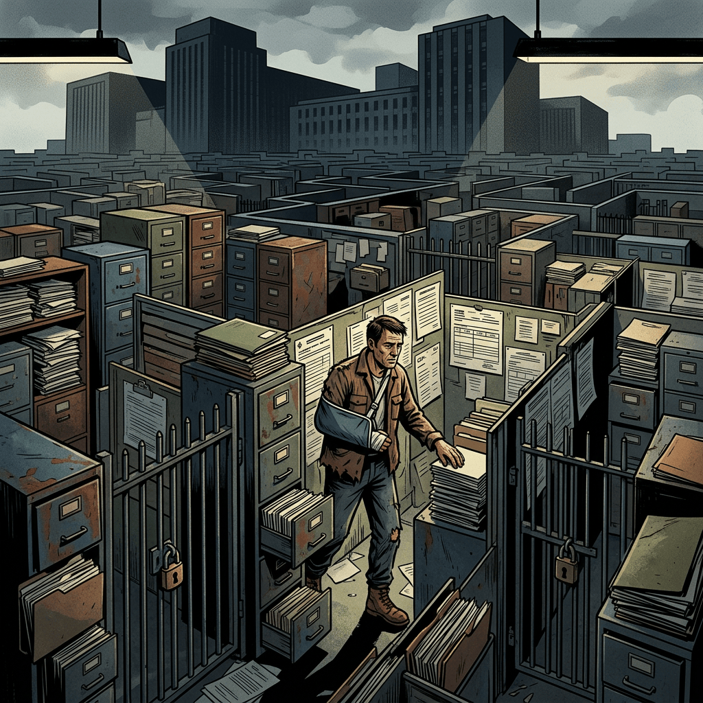 Weary office worker with injured arm navigating filing cabinets and paperwork