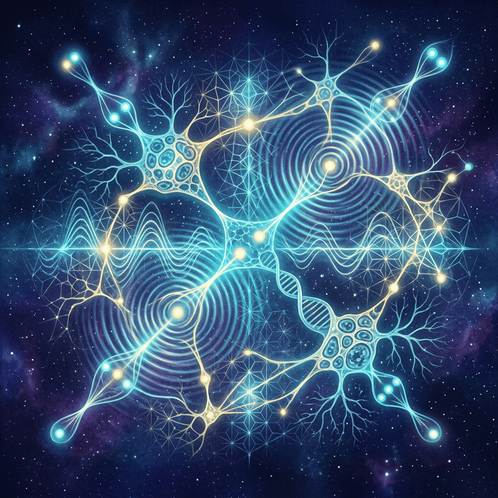 Illustration of glowing neurons connected across a starry cosmic background