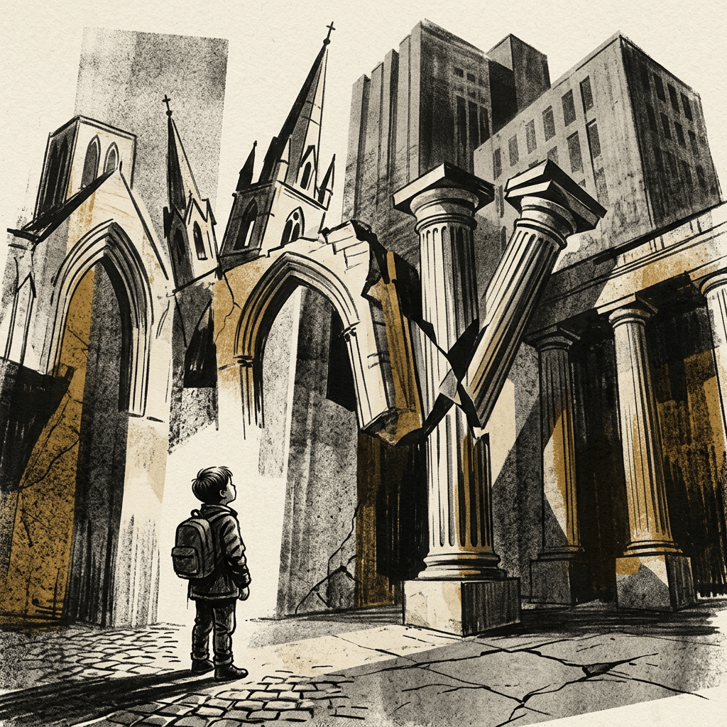 Child with backpack facing ruined gothic architecture and modern skyscrapers
