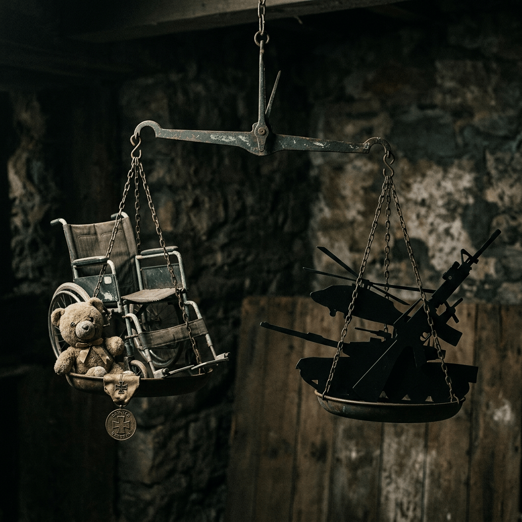 Hanging scale balancing a wheelchair teddy bear against silhouetted weapons