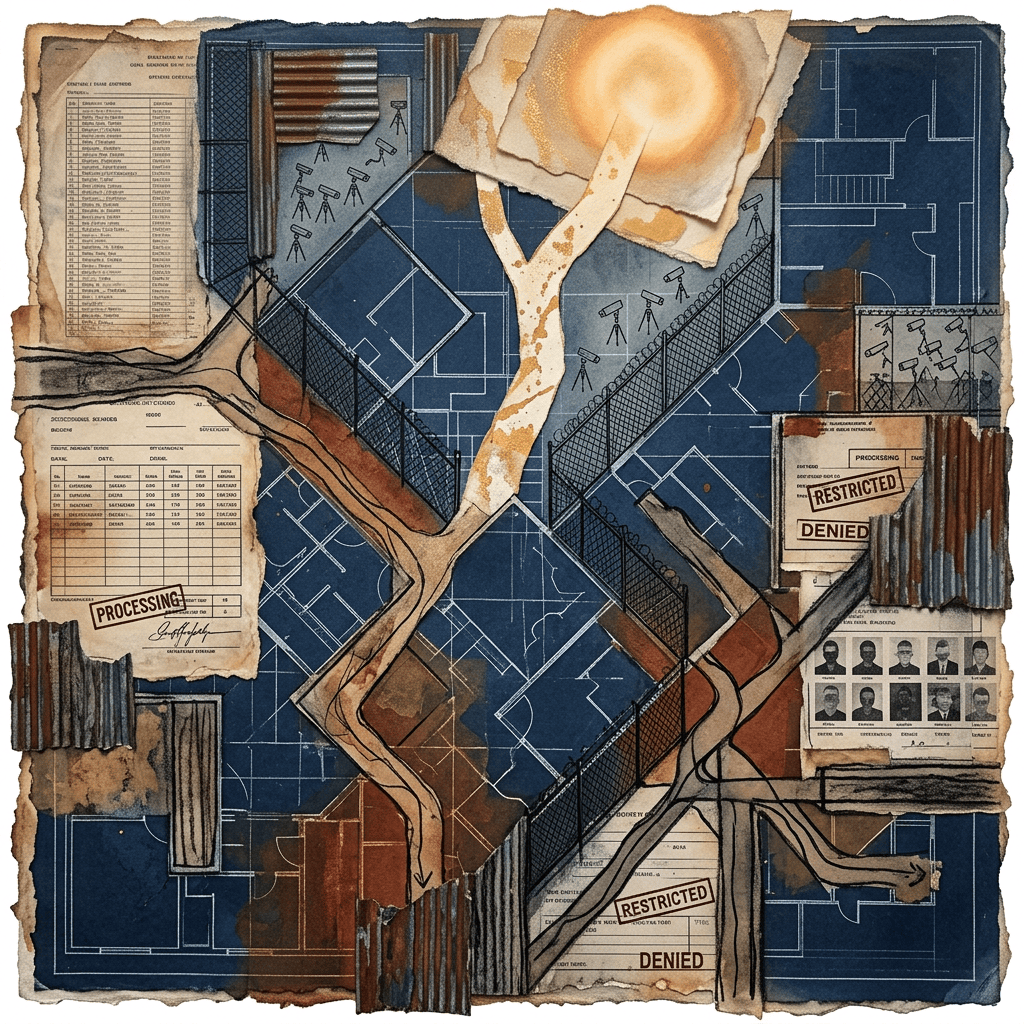 Blueprint collage with surveillance cameras, fences, and restricted documents