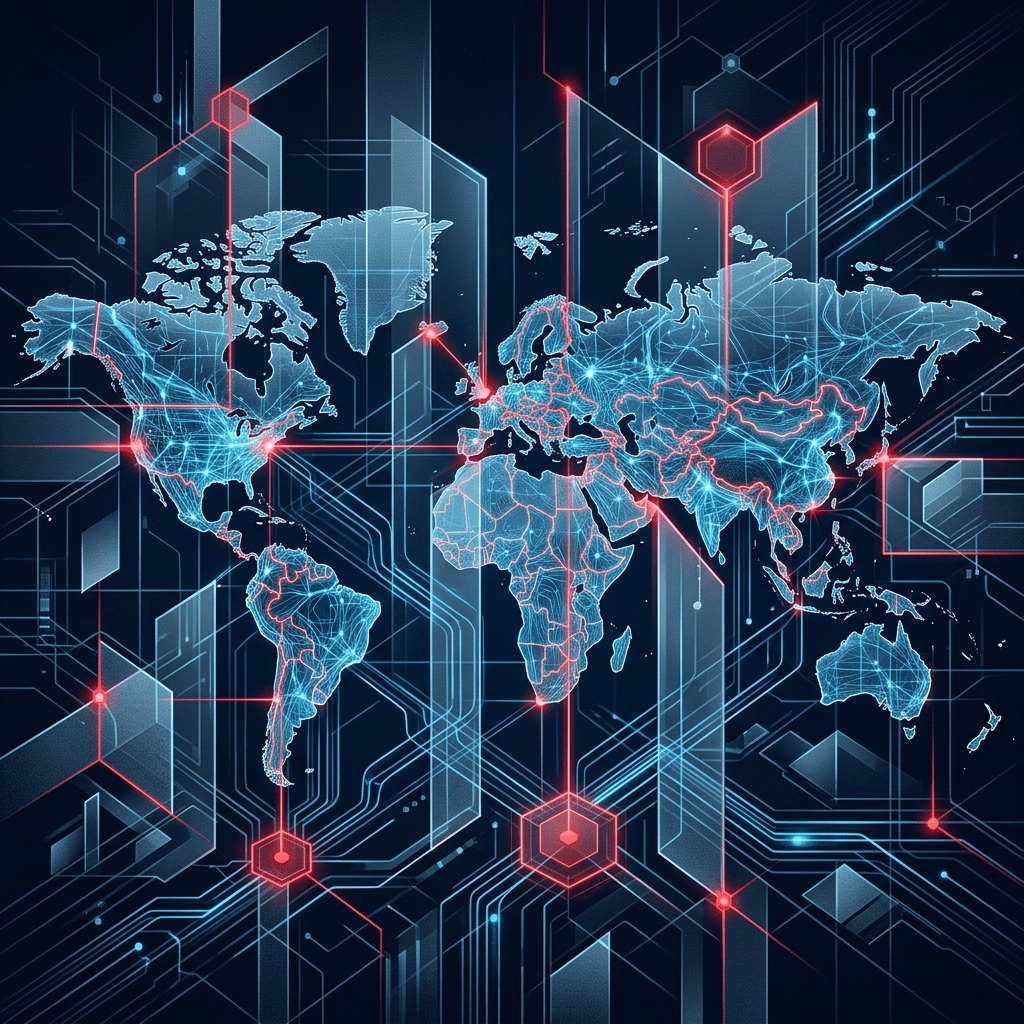 Stylized world map with glowing digital network connections and red nodes
