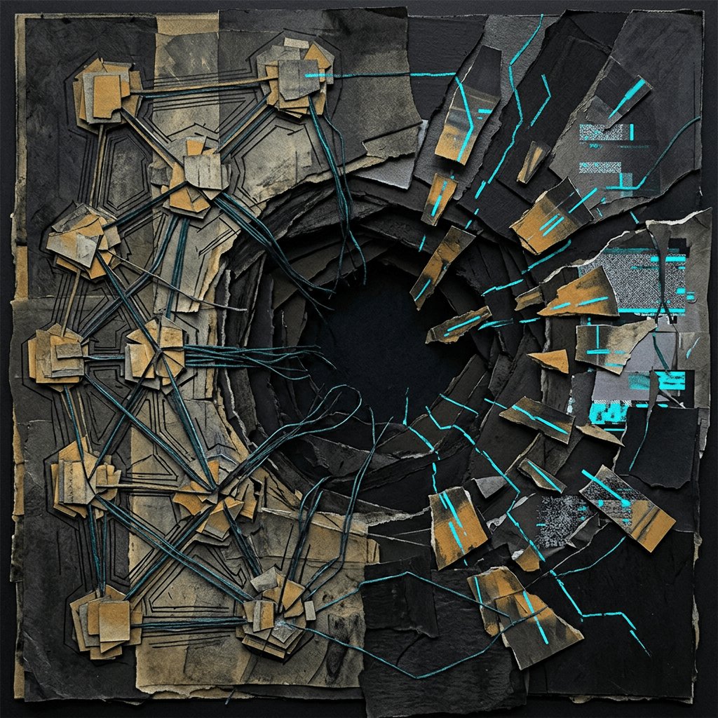 Abstract collage of paper fragments, cyan lines, and a central dark void