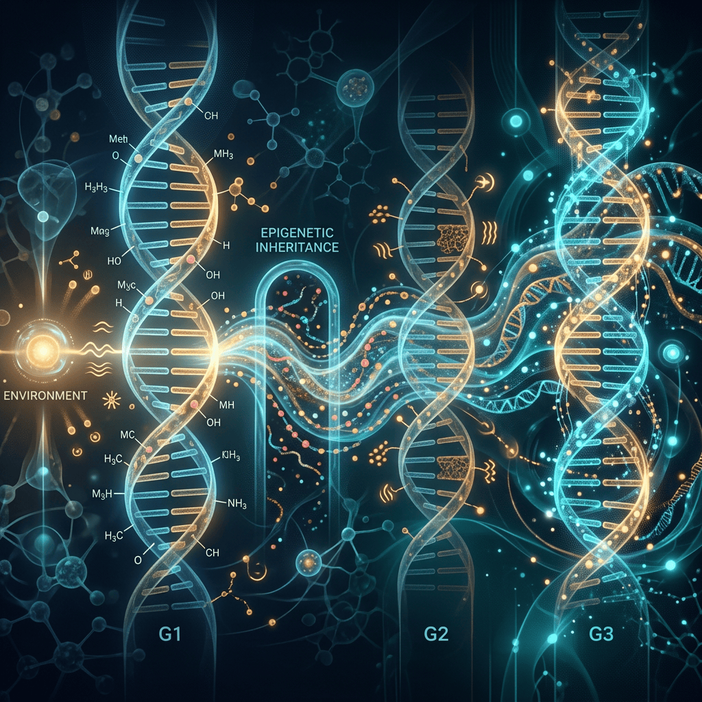 Diagram labeled EPIGENETIC INHERITANCE, ENVIRONMENT, G1, G2, and G3 with DNA helices