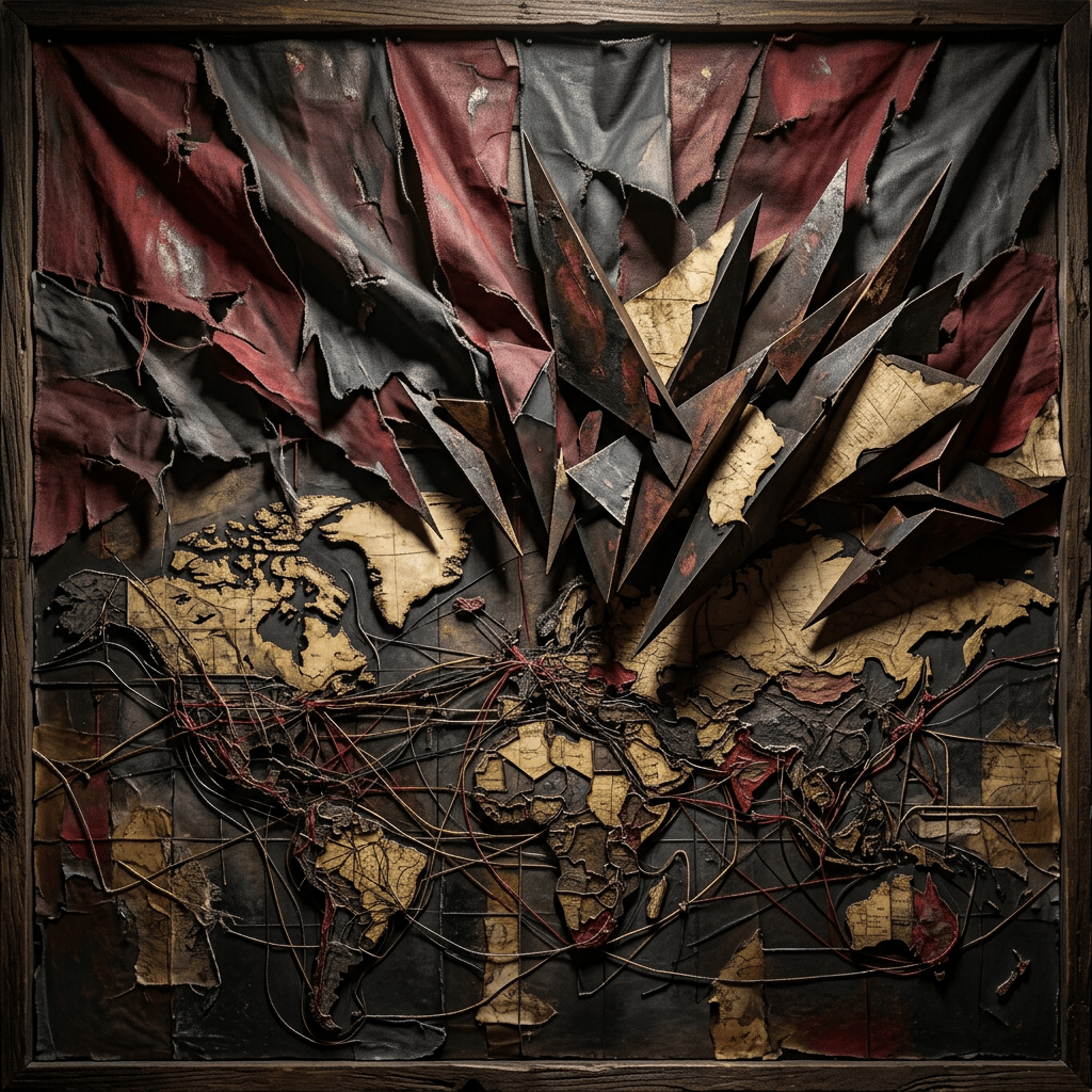 Mixed-media world map with red wires and jagged dark shapes