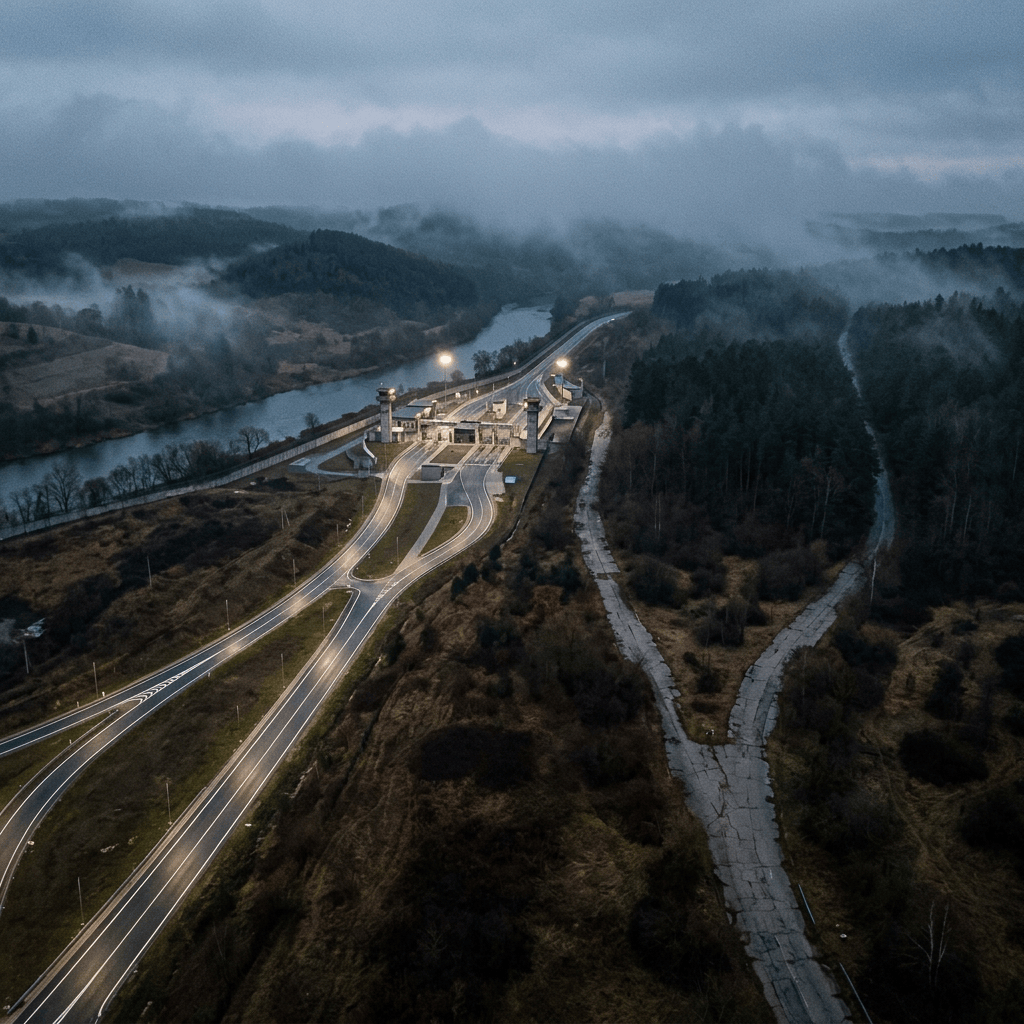 Winding roads and river crossing surrounded by misty hills and forest