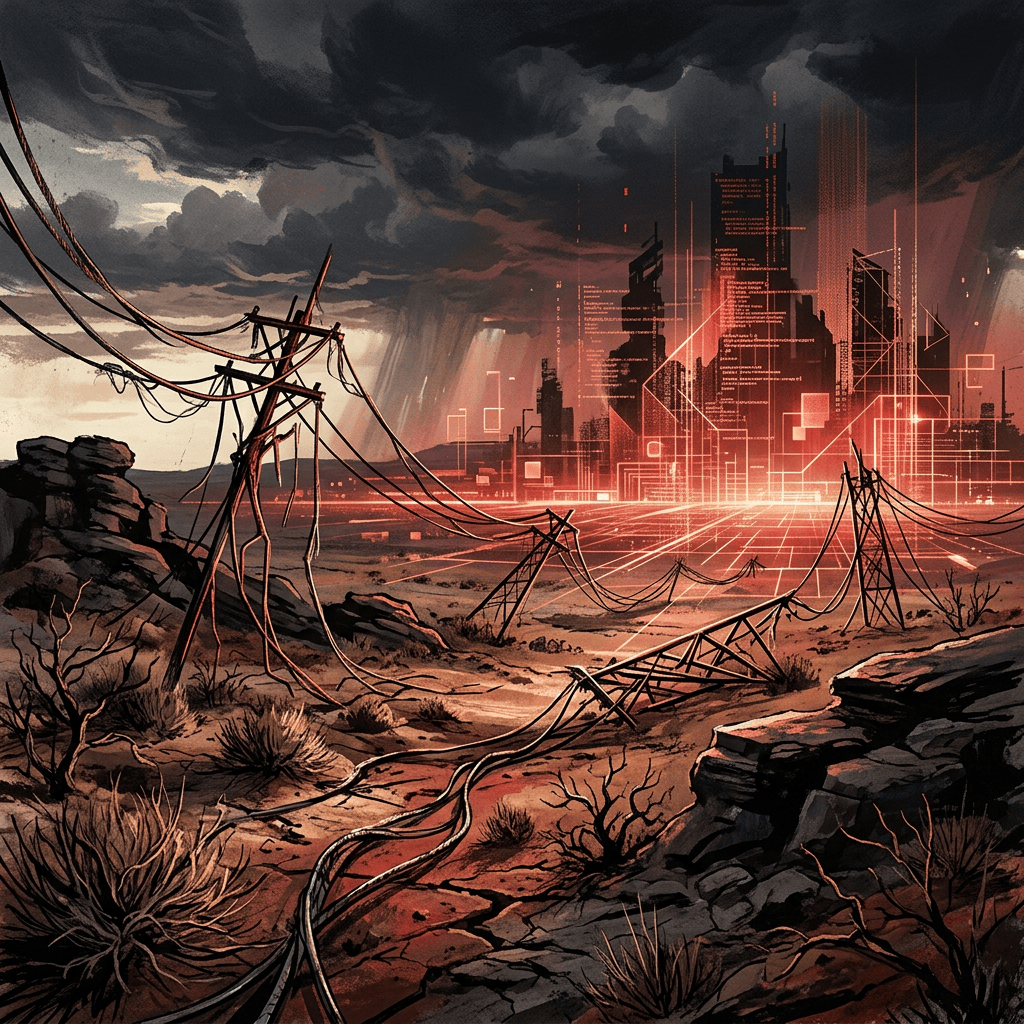 Ruined power lines lead across a barren landscape toward a glowing futuristic city