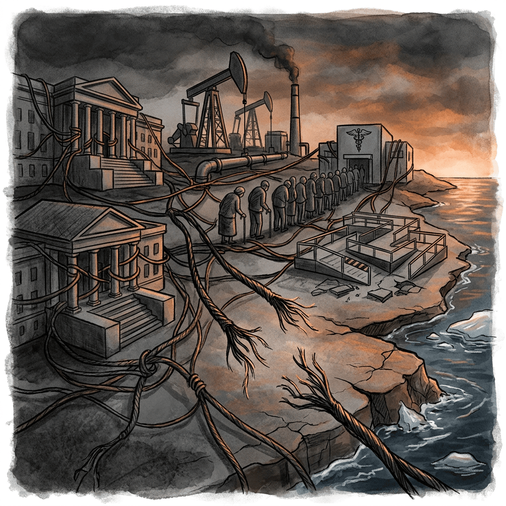 Oil pumps and tangled cables surround buildings, patients, and a damaged coastline
