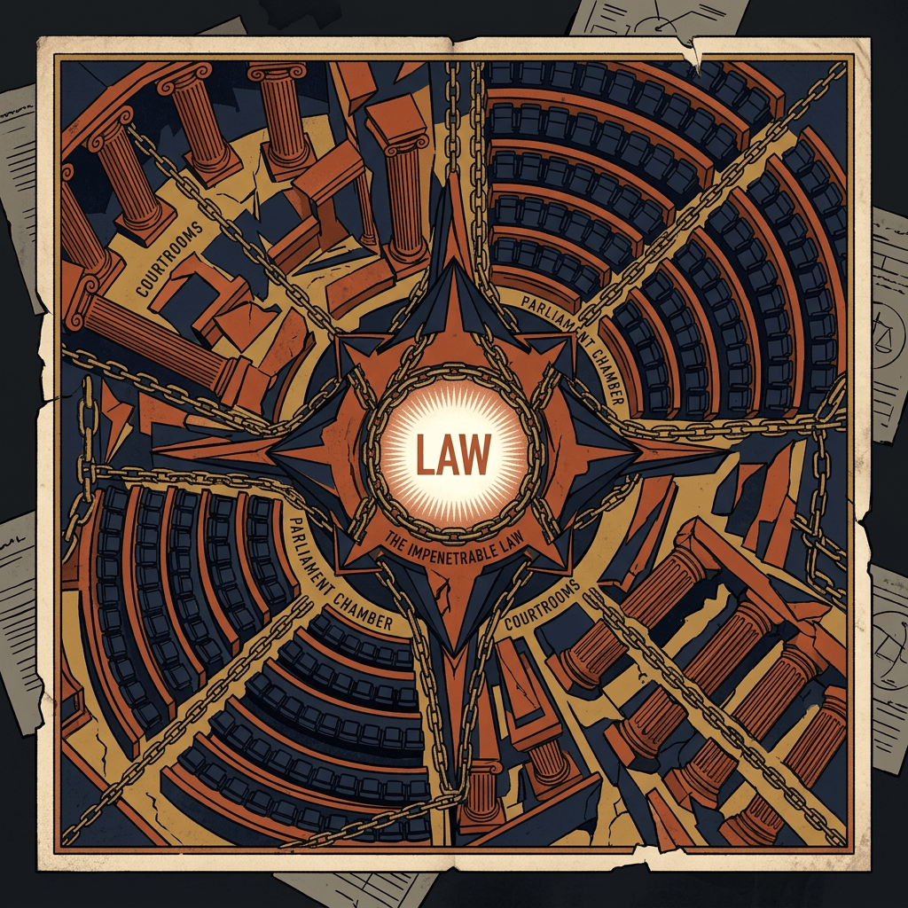 Illustration labeled LAW, THE IMPENETRABLE LAW, COURTROOMS, and PARLIAMENT CHAMBER