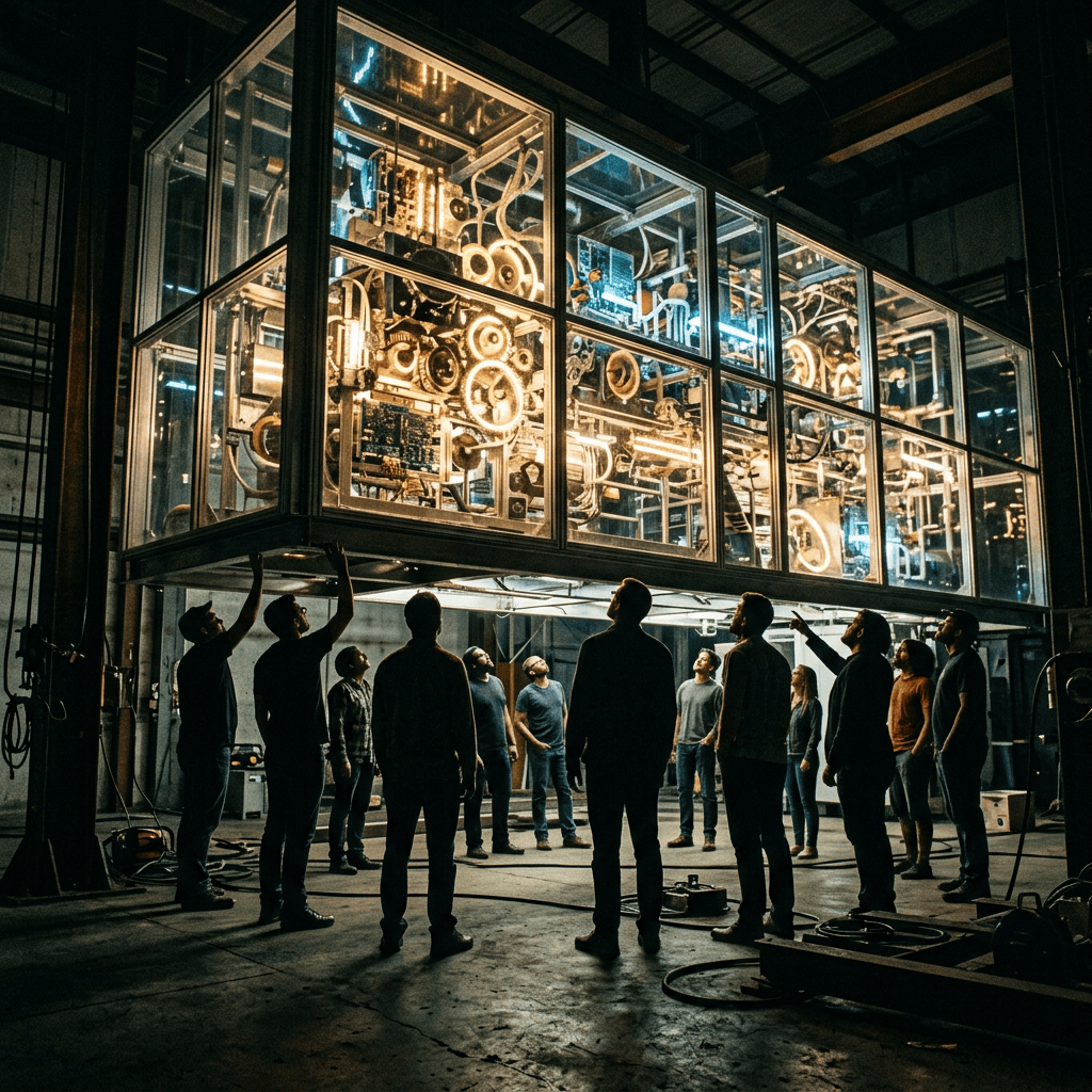 Group of people viewing illuminated machinery inside a glass-enclosed industrial structure