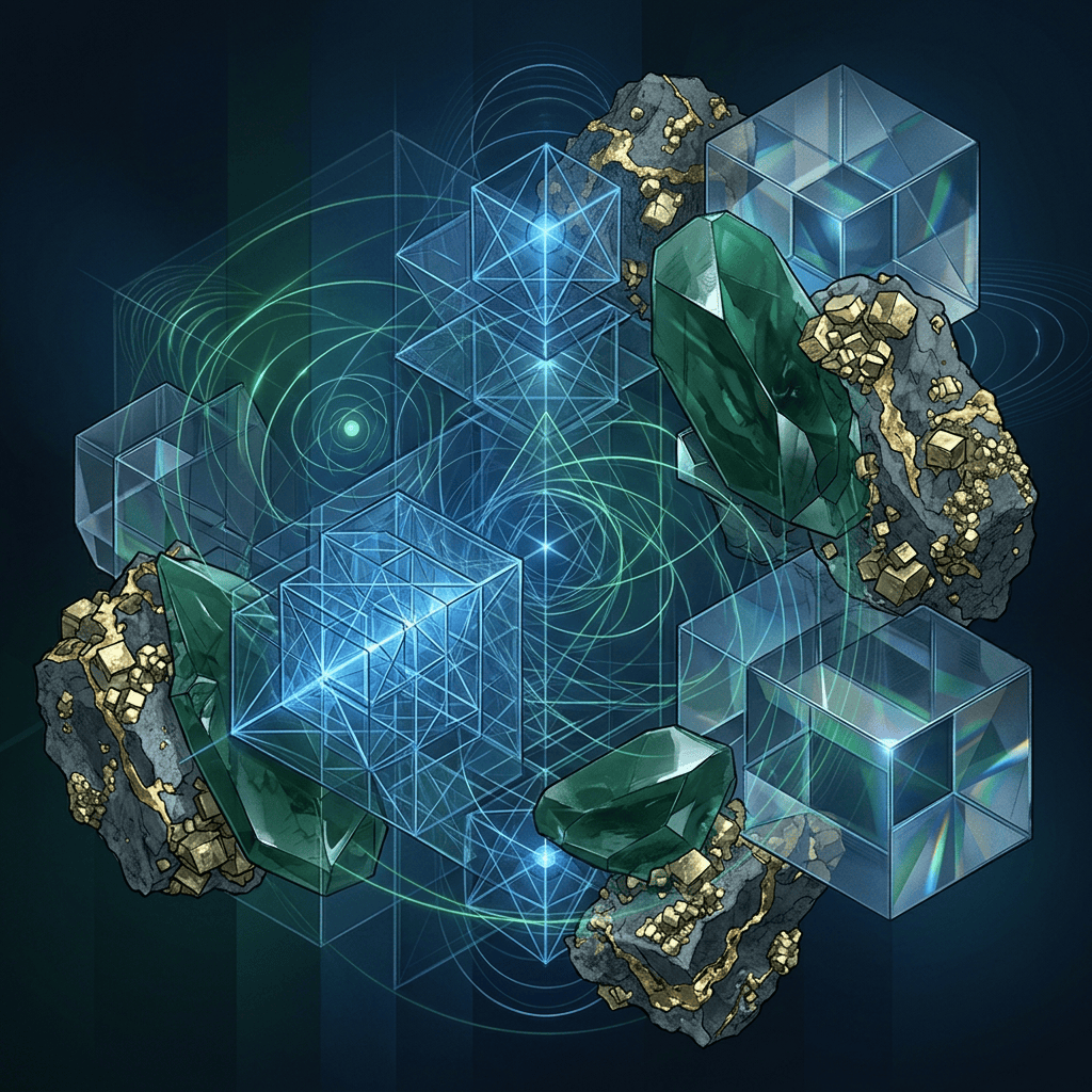 Translucent geometric crystals and gold-flecked rocks surrounded by glowing blue-green lines