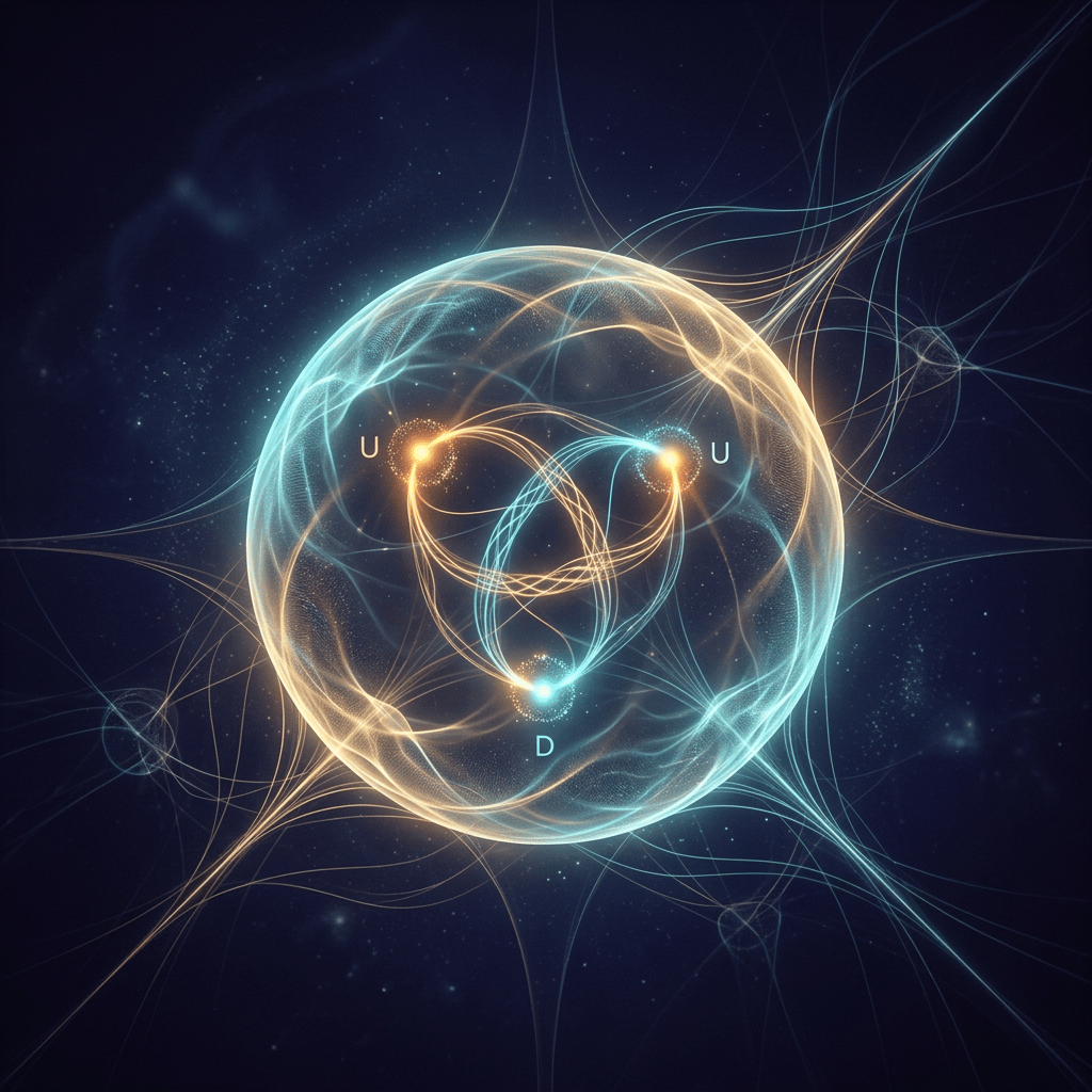 Glowing sphere with cyan and gold pathways connecting nodes labeled U, U, and D