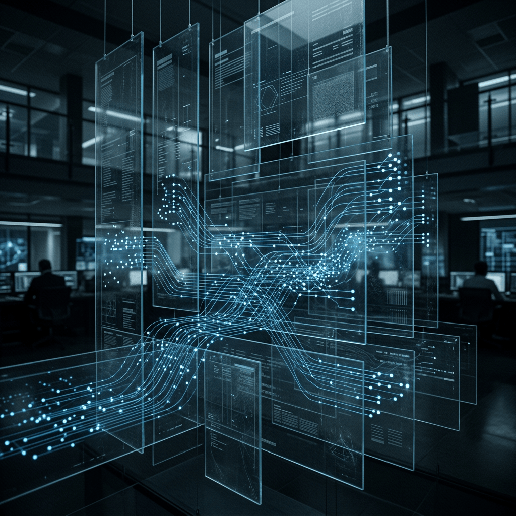 Glowing data streams flowing through translucent digital panels in a control room