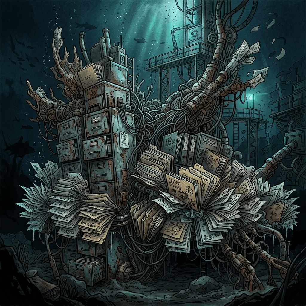 Underwater industrial ruin tangled with cables, filing cabinets, and floating documents
