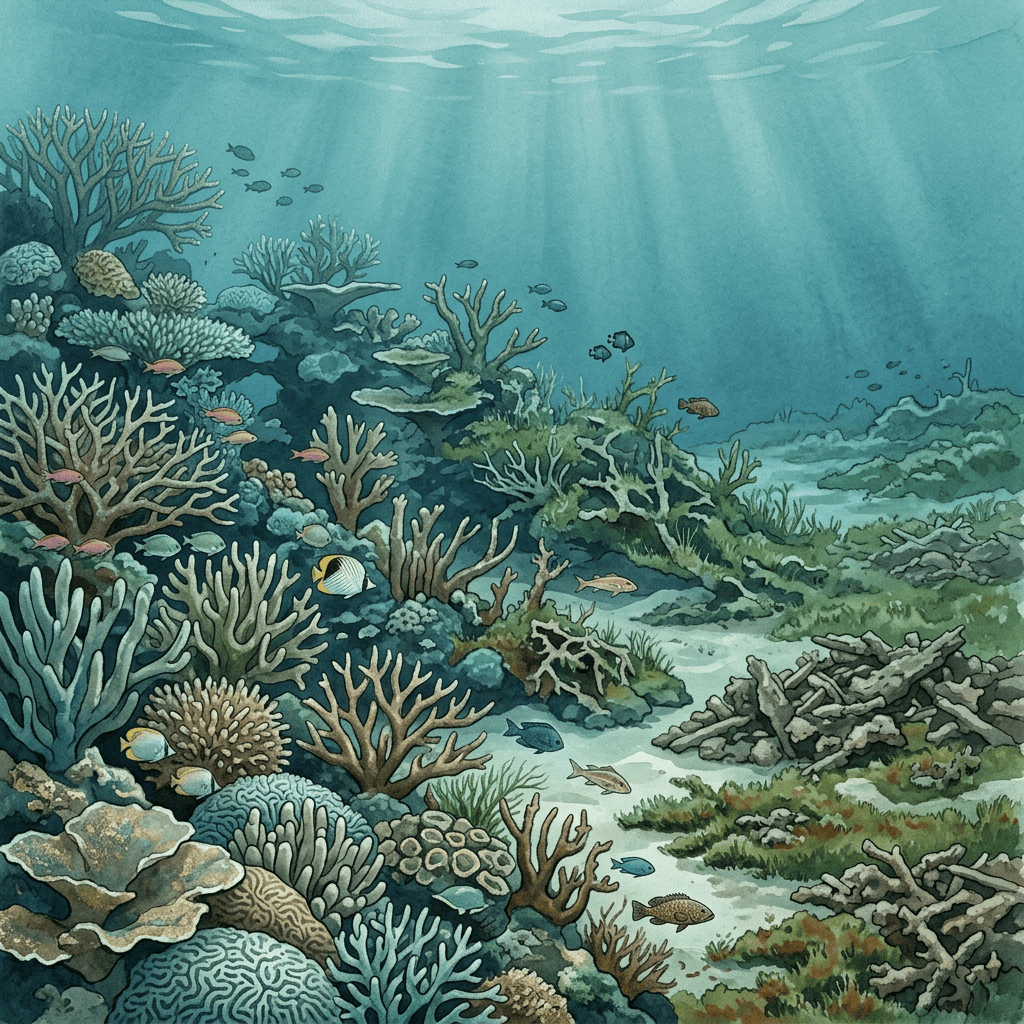 Illustrated coral reef with colorful fish beneath sunlit turquoise water