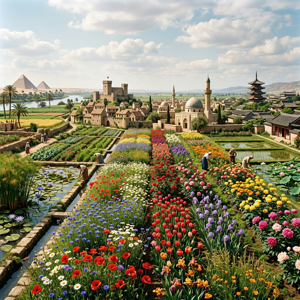 Colorful formal garden with pyramids, castle, mosque, and pagoda