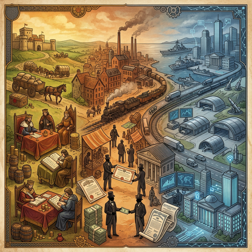 Illustration contrasting medieval trade, industrial industry, and modern technology-driven commerce