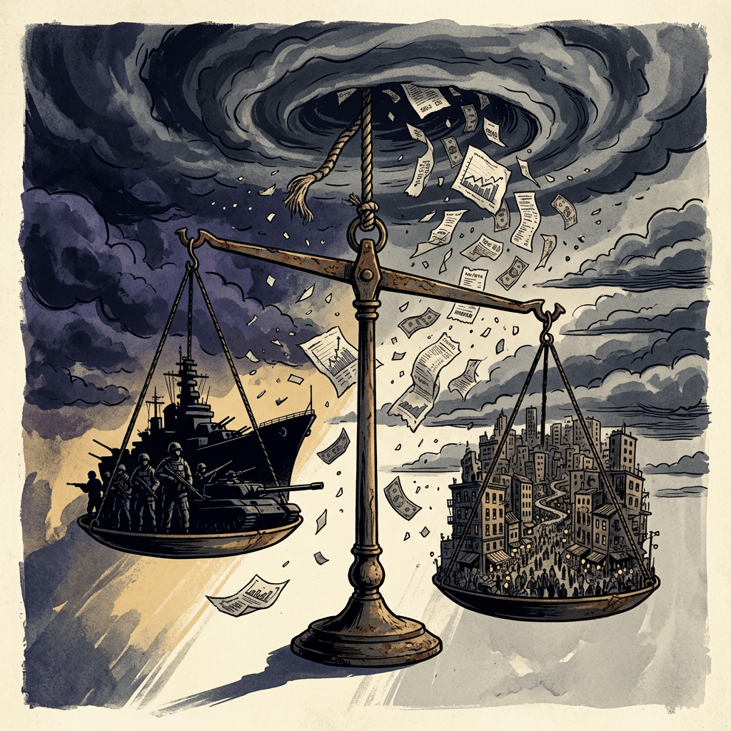 Scales balancing a warship and soldiers against a city under storm clouds