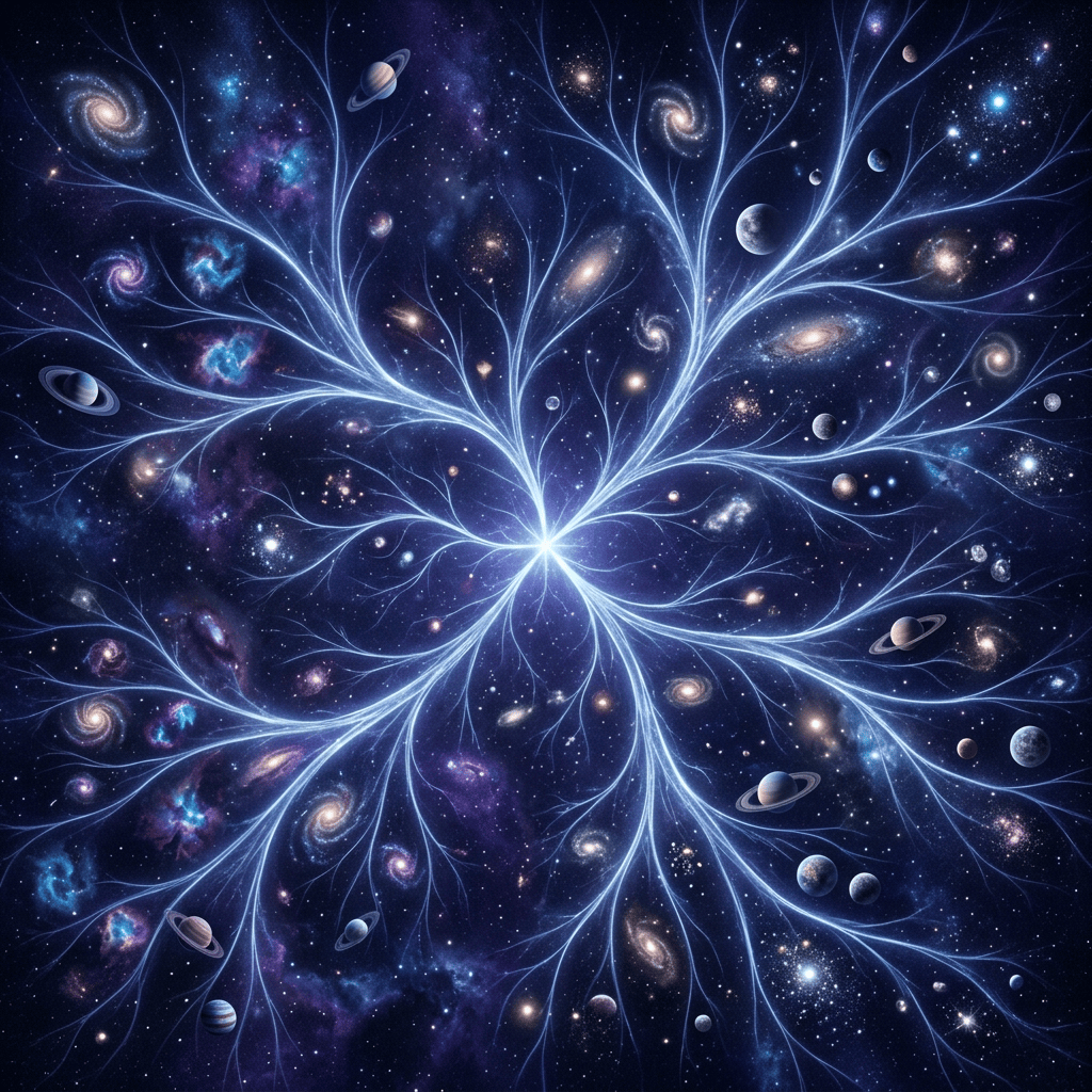 Luminous branching cosmic structure connecting galaxies, nebulae, stars, and planets