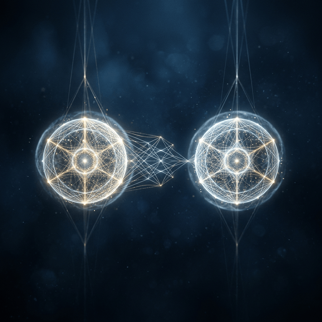 Two glowing geometric spheres connected by an intricate web of lines